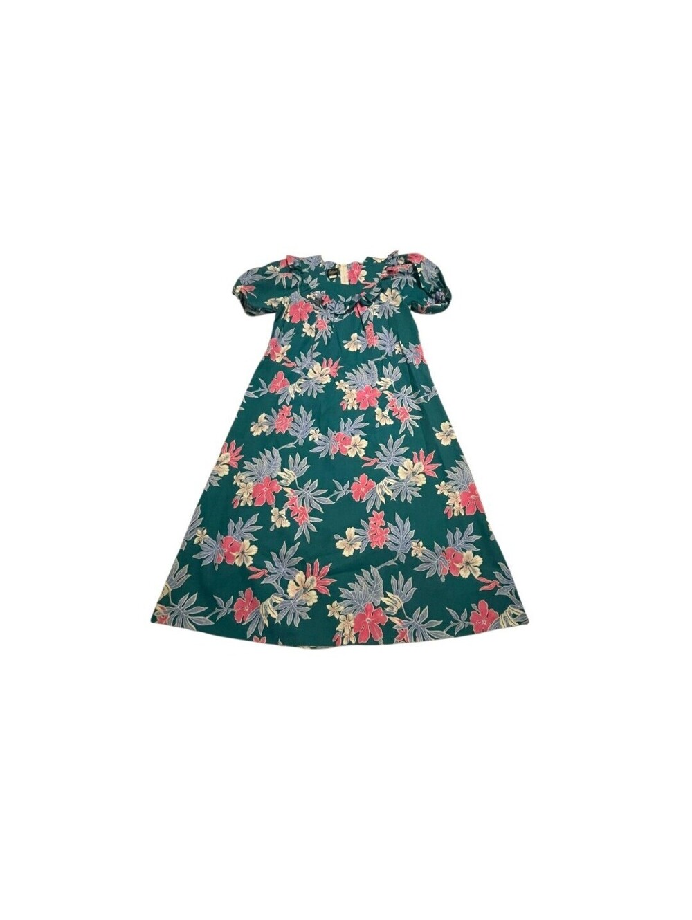 Royal Creations Dress Muu Muu L Hawaiian Floral Green A Line Puff Sleeve Caftan